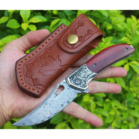 Damascus Steel Hunting Camping Custom Rosewood Handle Outdoor Multi-functional Utility Pocket Knife Bulk UD406665